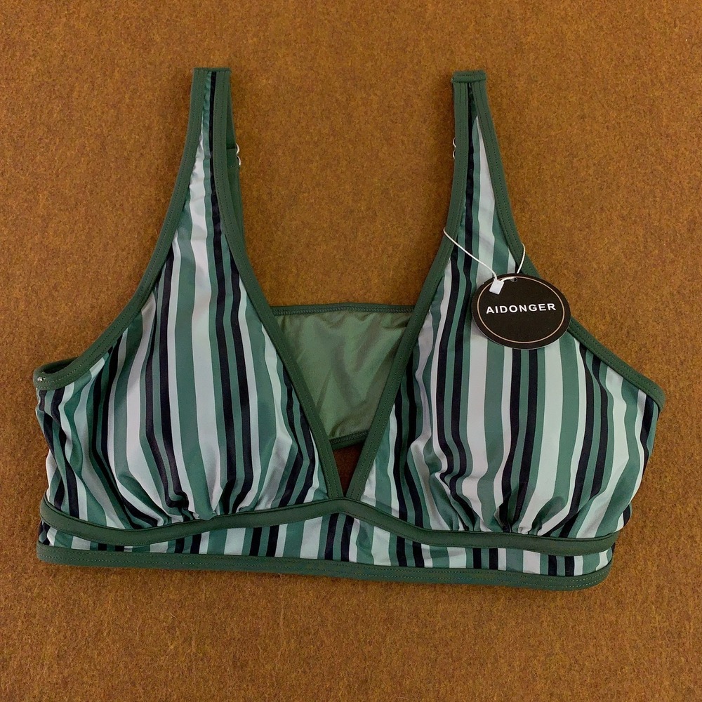 Aidonger Womens X-Large Green Striped High Waist Bottom 2 Piece Bikini Set NWT - Picture 2 of 9